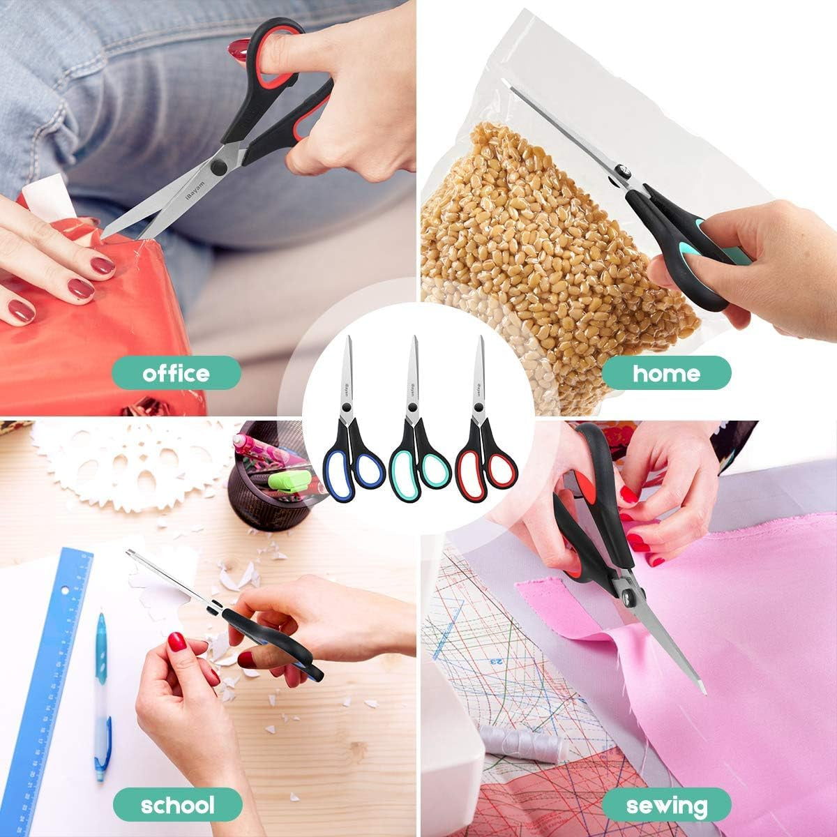 3-Pack of 8-Inch Heavy-Duty Scissors with Ultra-Sharp Blades and Ergonomic Comfort Grip Handles for Office, Home, School, Sewing, and Crafting