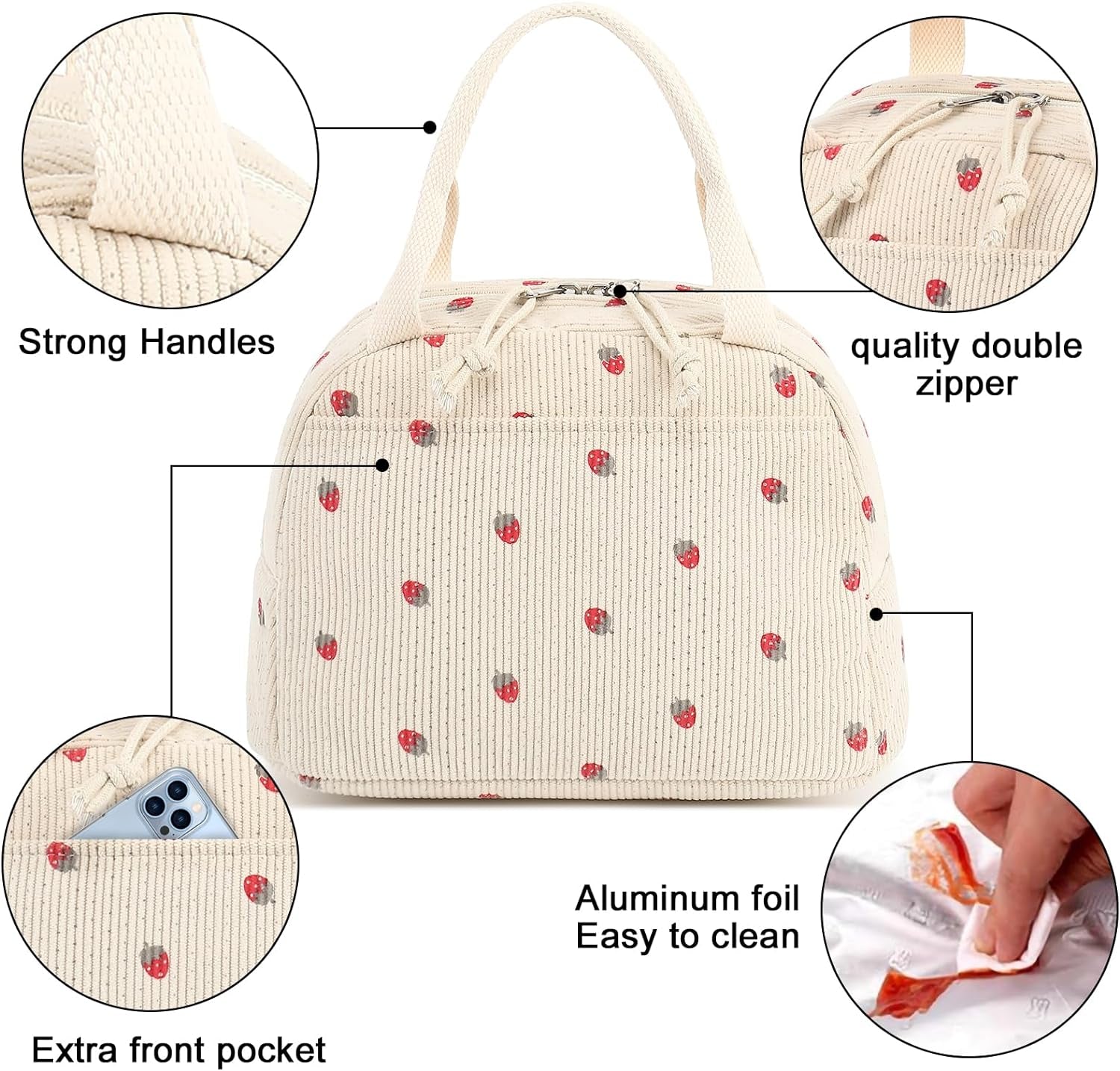 Corduroy Insulated Lunch Tote Bag for Men and Women - Reusable Large Capacity Cooler for Work, Picnics, and Travel (Strawberry Design)