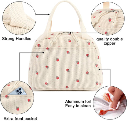 Corduroy Insulated Lunch Tote Bag for Men and Women - Reusable Large Capacity Cooler for Work, Picnics, and Travel (Strawberry Design)