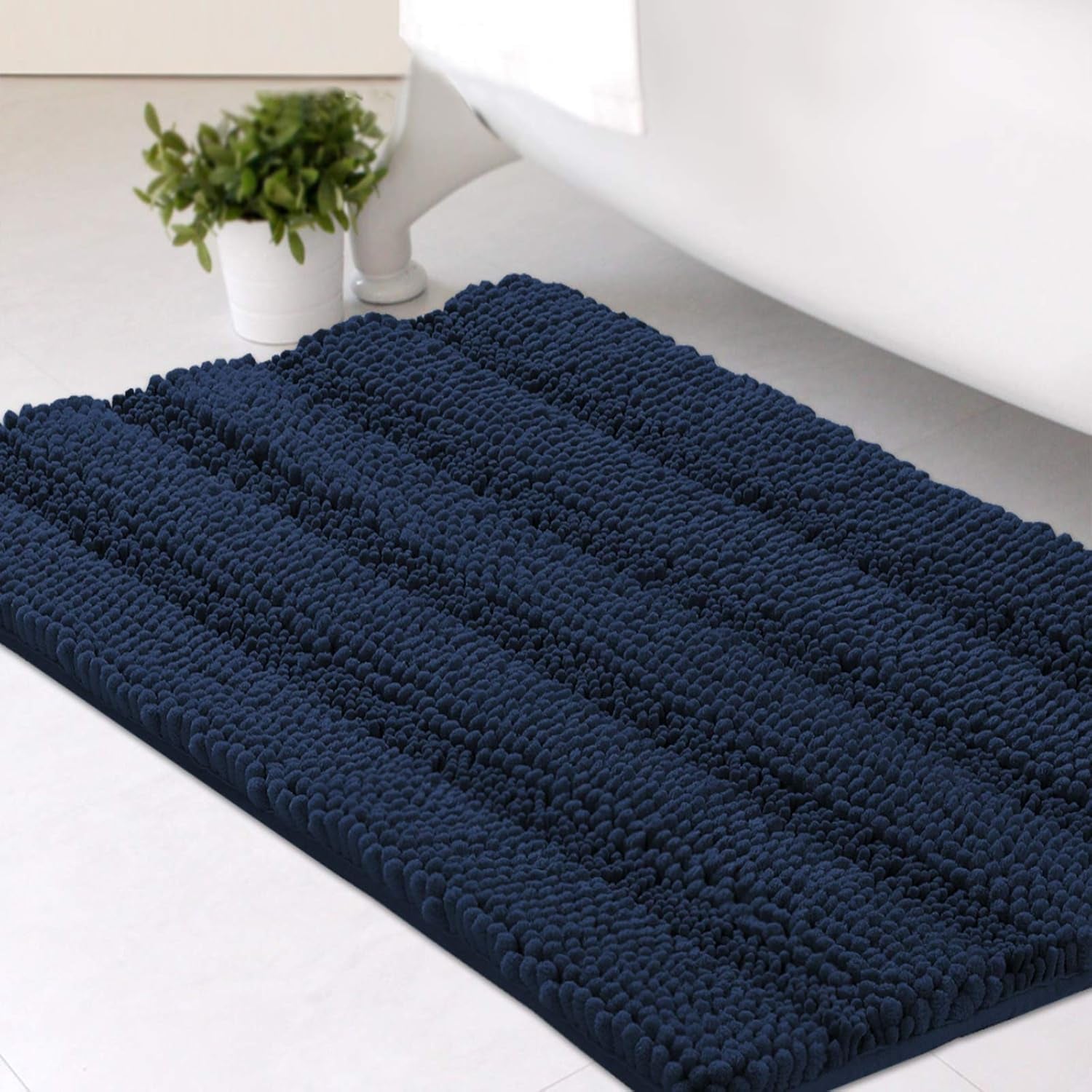 Set of 2 Striped Anti-Slip Bath Mats - Soft Plush Chenille Shaggy Floor Mats  - Water Absorbent (Grey, 32 x 20 & 24 x 17 Inches)
