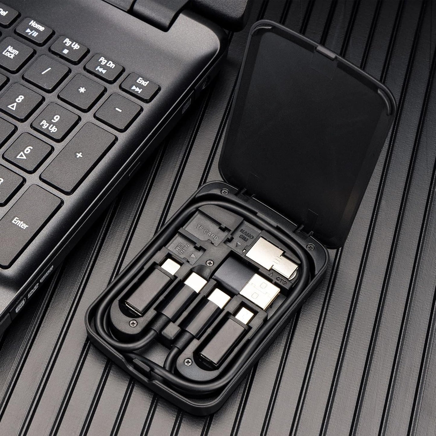 Multi-Functional Compact Cable Organizer with 22" USB-C Cable and USB-A/Micro-USB/Lightning/OTG Adapter Kit for Travel and Data Transfer