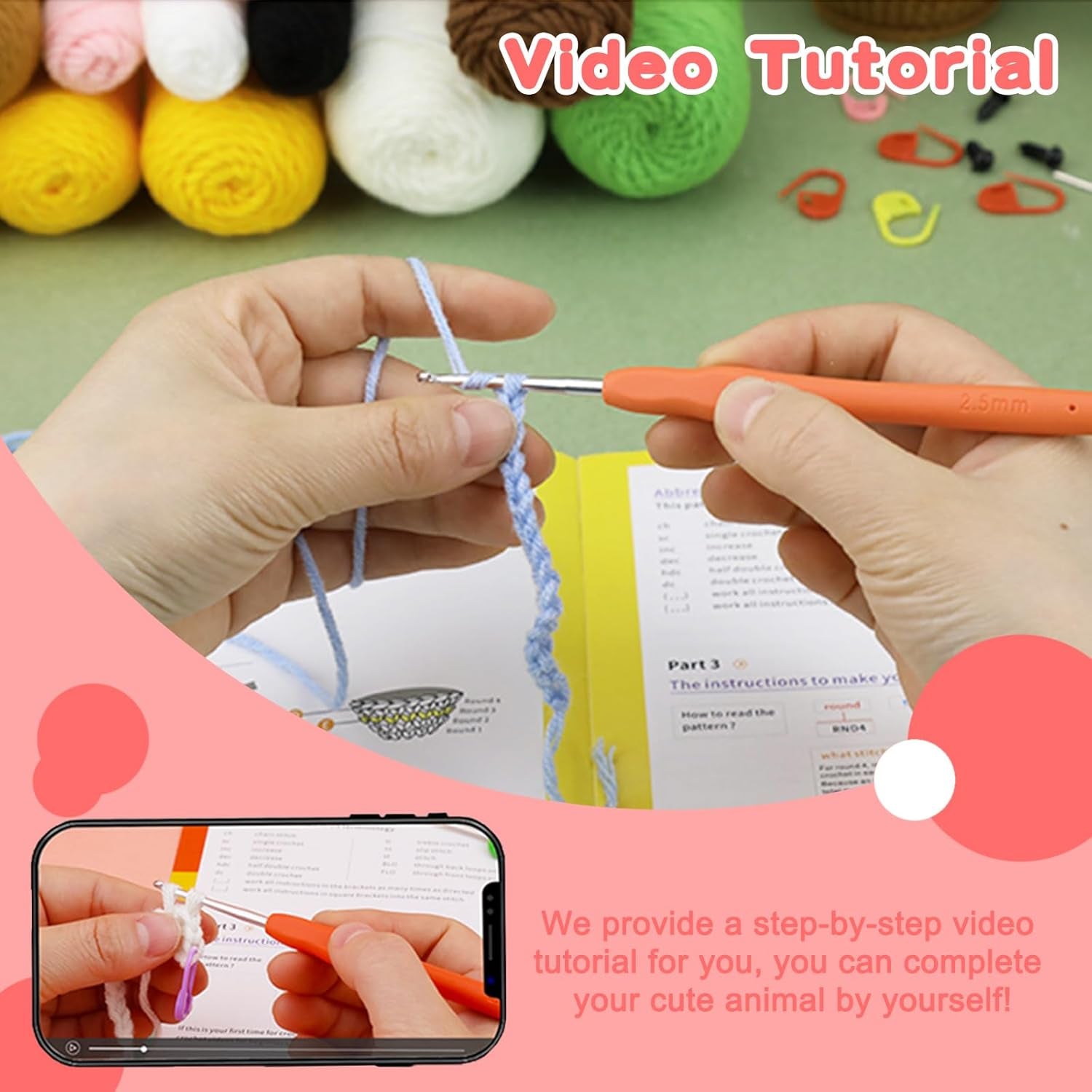 Beginner's Crochet Kit: DIY Elephant Crochet Set with Step-by-Step Video Tutorials - Ideal Knitting Gift for Kids and Adults