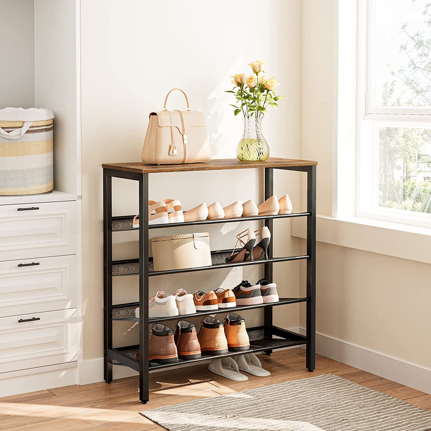 5-Tier Adjustable Shoe Rack - Durable and Stable Shoe Storage Unit for 16 Pairs -  Rustic Brown Finish