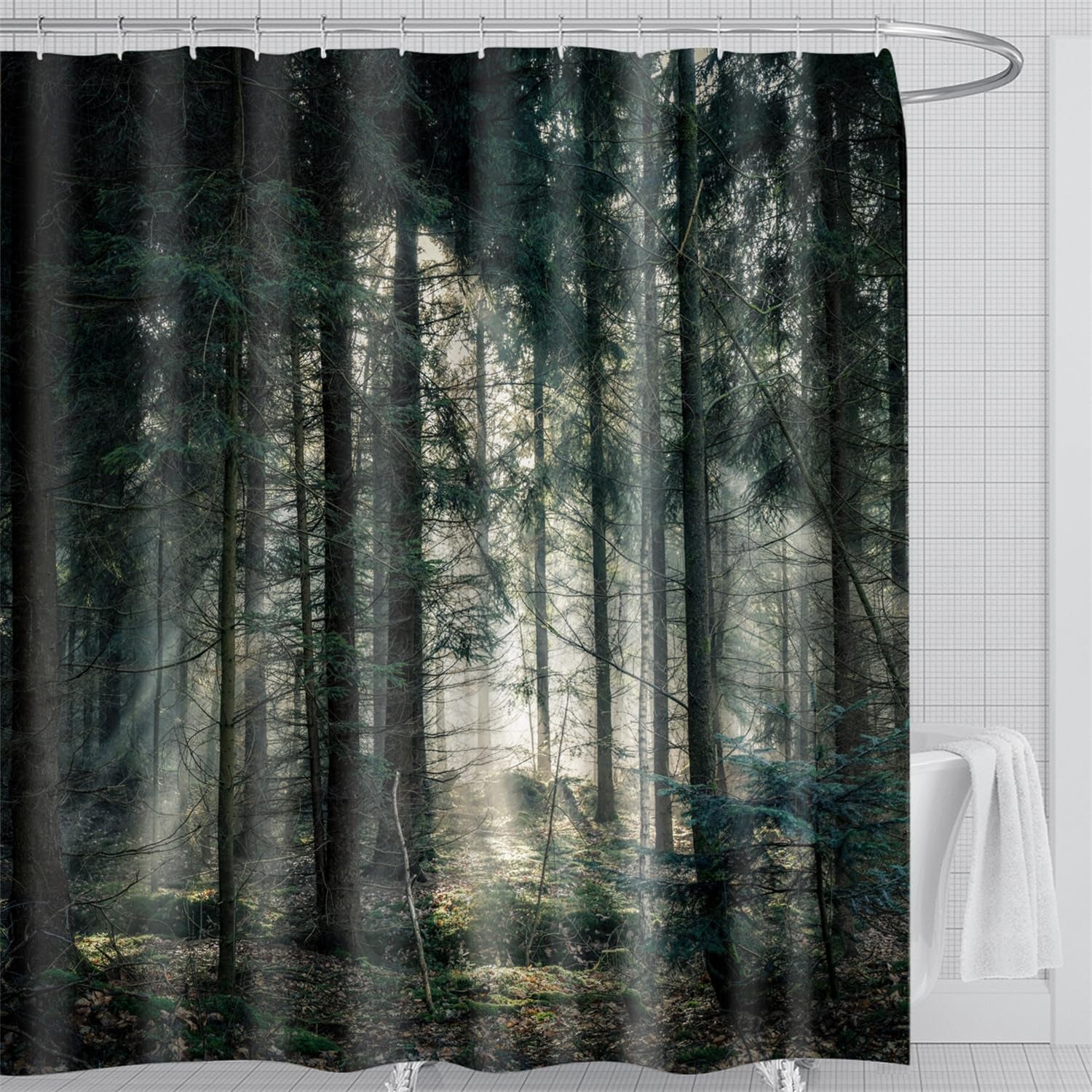 Waterproof Fabric Shower Curtain featuring Banff National Park Smoky Mountain Design, 12 Hooks, 71" x 71" (180 cm x 180 cm), Dark Gray