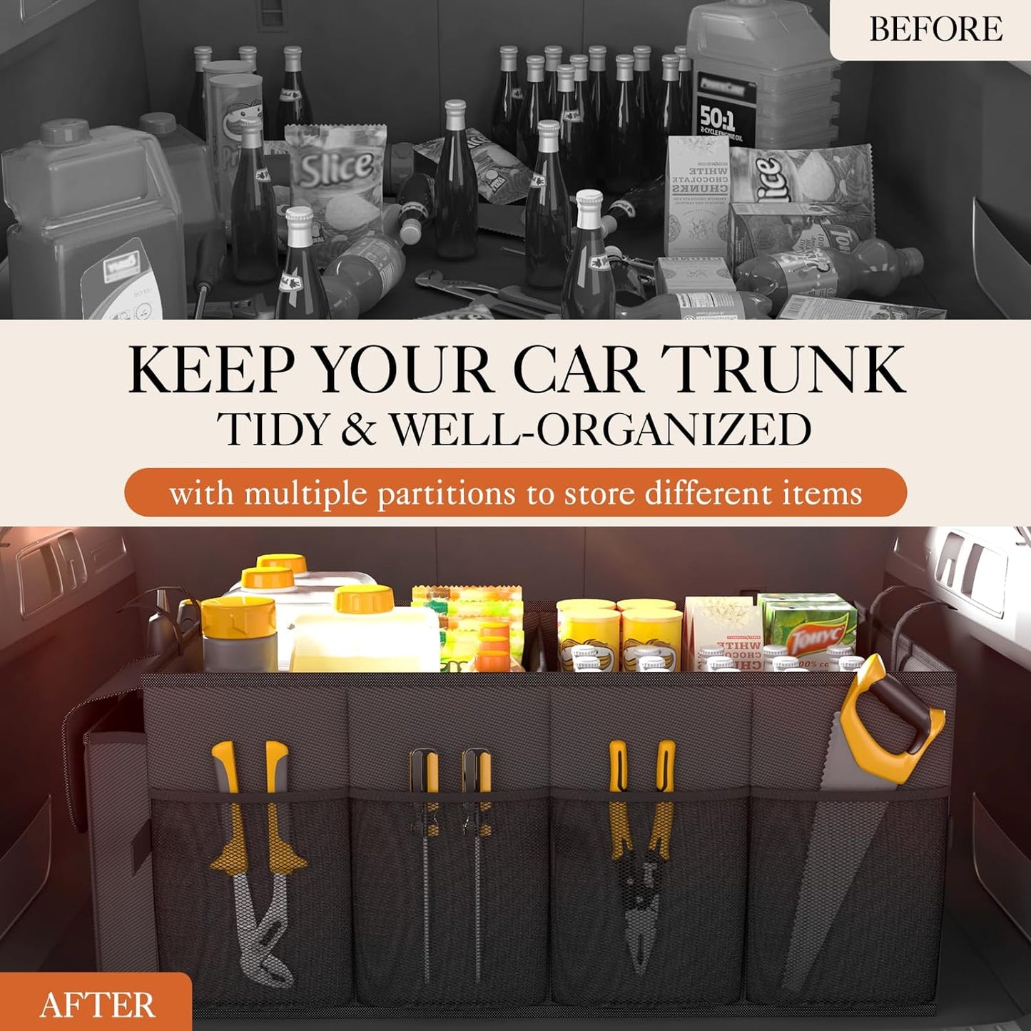 Large-Capacity Foldable Trunk Organizer - Sturdy Car Storage Solution - 2 Compartments, Tools, Sundries