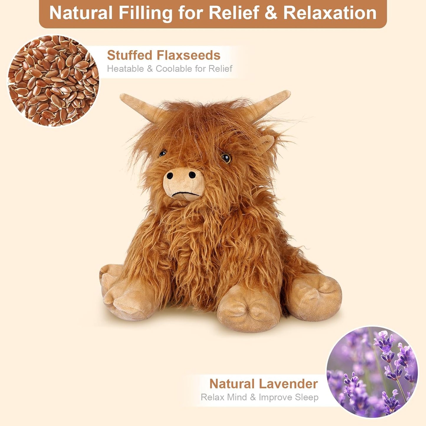 Microwavable Highland Cow Plush Toy - Lavender Scented Heating Pad for Cramps, Pain Relief, Stress Relief