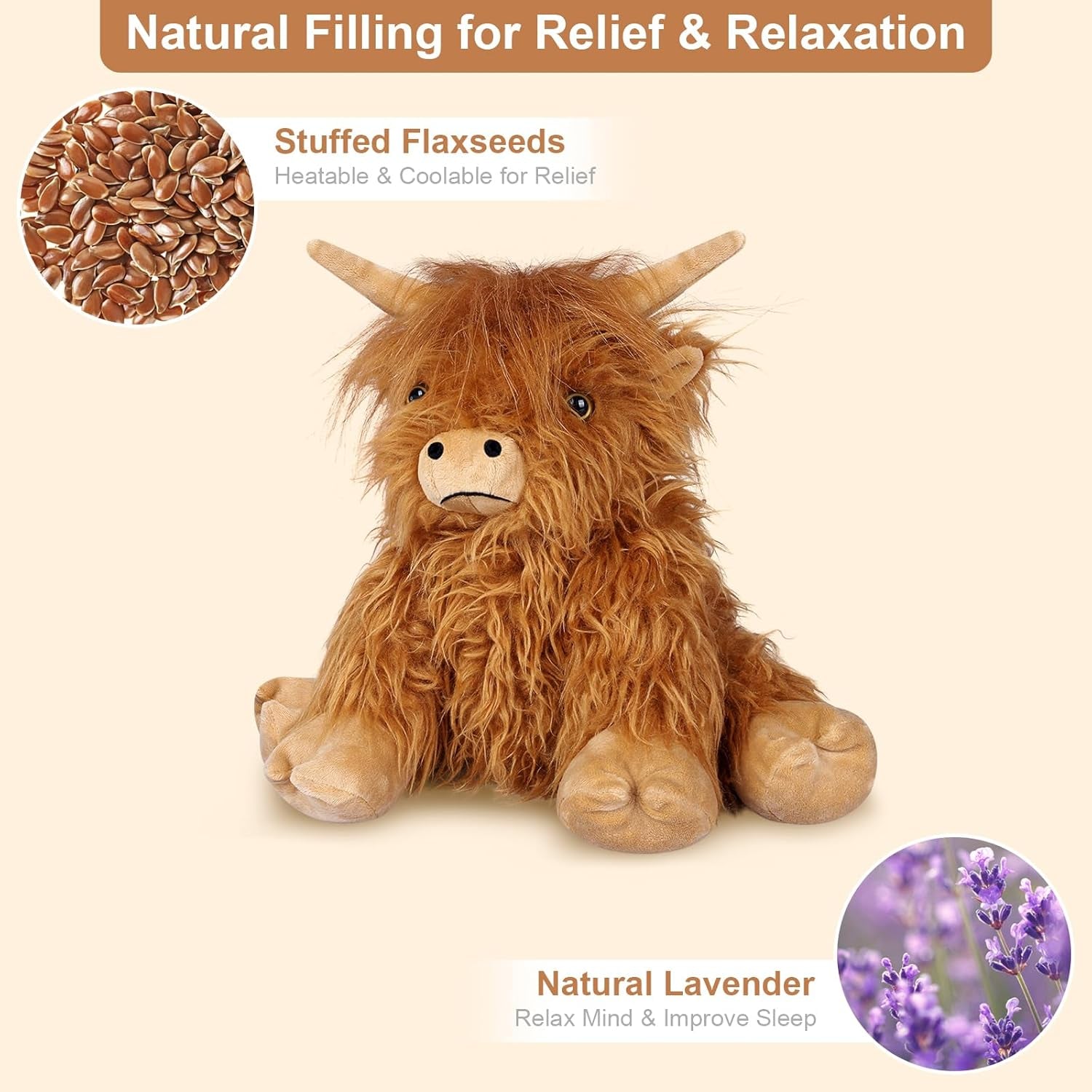 Microwavable Highland Cow Plush Toy - Lavender Scented Heating Pad for Cramps, Pain Relief, Stress Relief