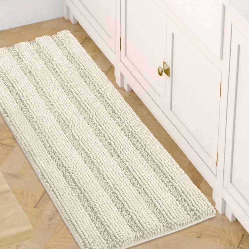 Set of 2 Striped Anti-Slip Bath Mats - Soft Plush Chenille Shaggy Floor Mats  - Water Absorbent (Grey, 32 x 20 & 24 x 17 Inches)