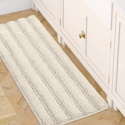 Set of 2 Striped Anti-Slip Bath Mats - Soft Plush Chenille Shaggy Floor Mats  - Water Absorbent (Grey, 32 x 20 & 24 x 17 Inches)