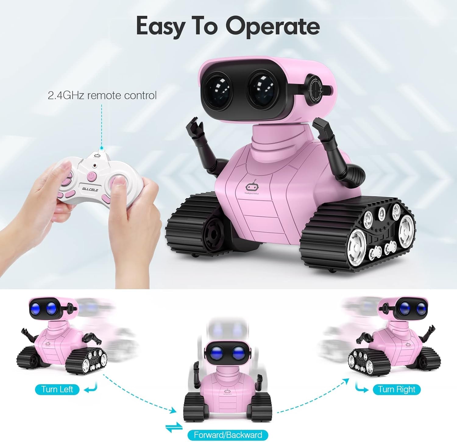 Rechargeable RC Robot Remote Control Toy with Music and LED Eyes, Gift for Children Age 3+ Pink