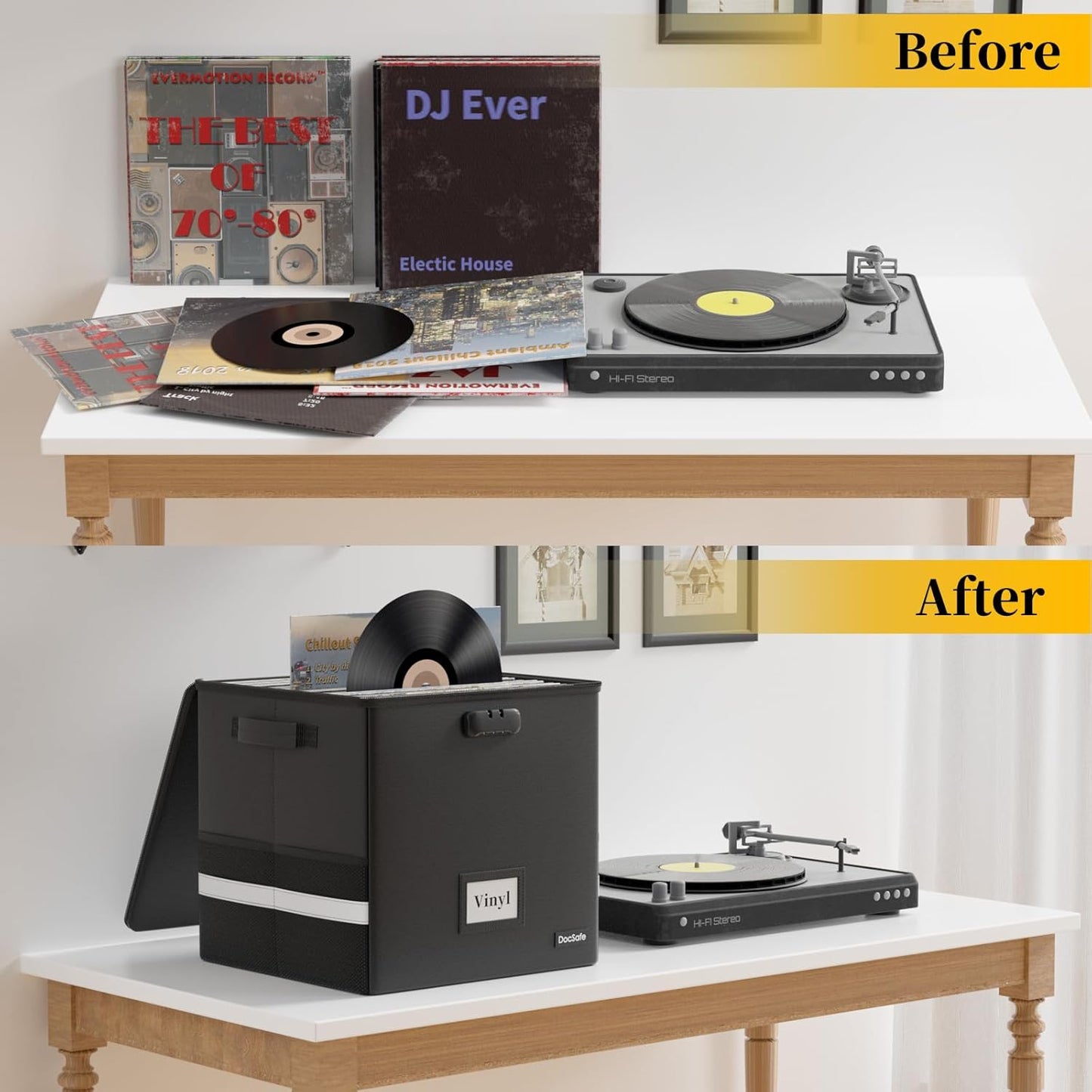 Vinyl Record Storage Box-Lock, Fireproof, Water-Resistant Organizer-100+12-Inch Singles, Collapsible Crate, Lid, Handles 