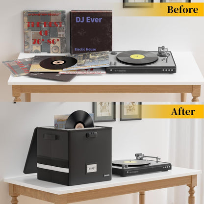 Vinyl Record Storage Box-Lock, Fireproof, Water-Resistant Organizer-100+12-Inch Singles, Collapsible Crate, Lid, Handles 