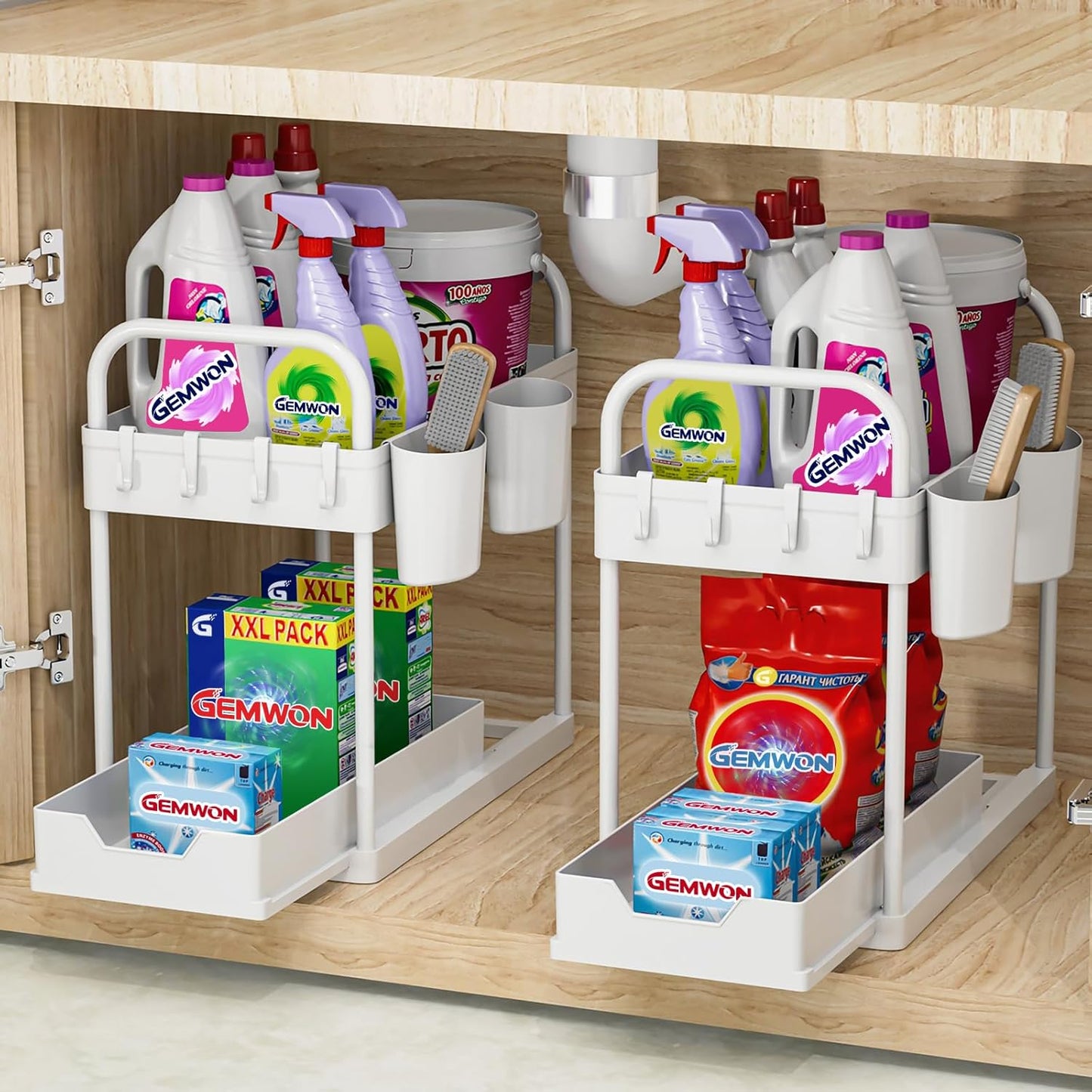 2-Pack 2-Tier Under Sink Organizer with Sliding Design, Hooks, and Hanging Cups for Kitchen and Bathroom Storage - Black