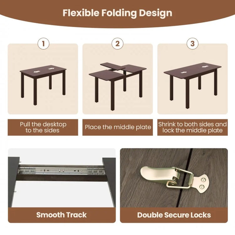 Extendable Folding Dining Table Featuring a Rubber Wood Frame and Safety Locks