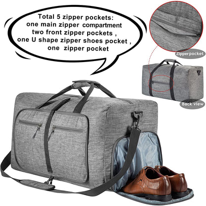 Men's Travel Duffle Bag with Shoe Compartment, Foldable Waterproof and Tear-Resistant Overnight Bag Available in 65L, 85L, and 115L