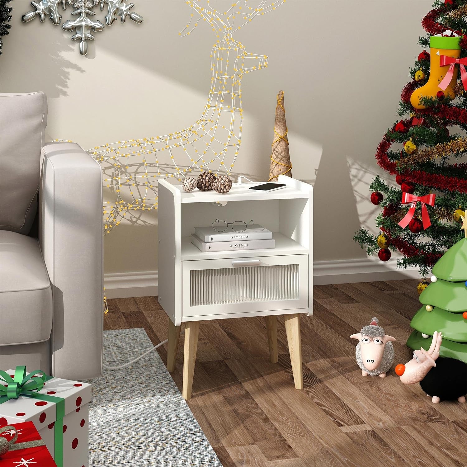Elegant Nightstand with Integrated Charging Station, Glass-Fronted Decorative Door, and Dual-Tier Storage, White 