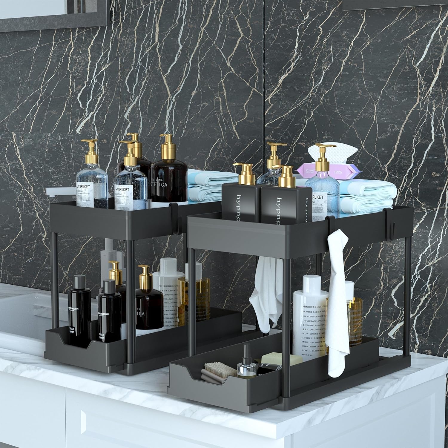 2-Tier Under-Sink Organizer Set with Sliding Baskets for Versatile Bathroom Storage, Black (2 Pack)