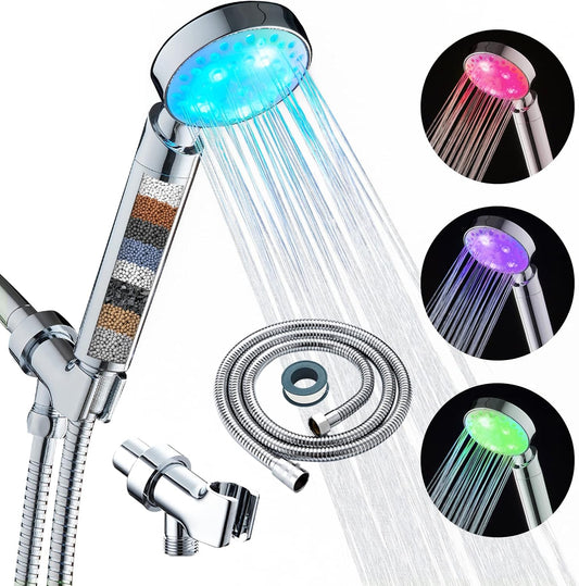 Led Shower Head 7 Color Light Change Automatically Handheld Showerhead Polished Chrome with 60 Inches Stainless Steel Hose and Adjustable Bracket Filtered Shower Head