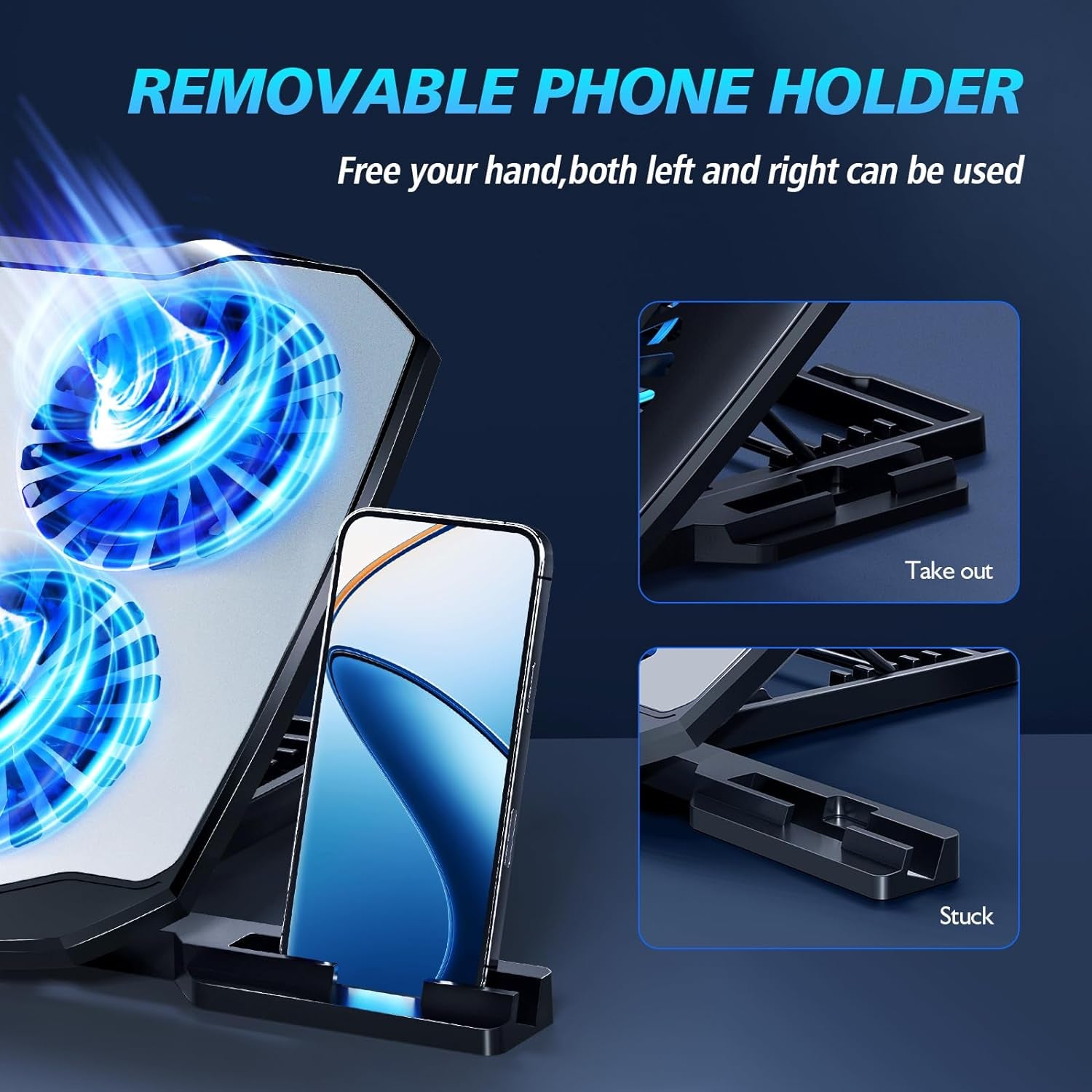 Laptop Cooling Pad for Gaming Laptops, Featuring 5 Quiet Fans, Adjustable Height, Dual USB Ports, and Integrated Phone Stand for 12-15.6 Inch Devices