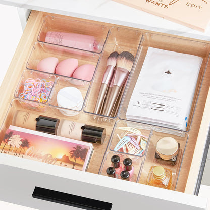 44-Piece Clear Plastic Drawer Organizer Set - Versatile Non-Slip Storage Trays