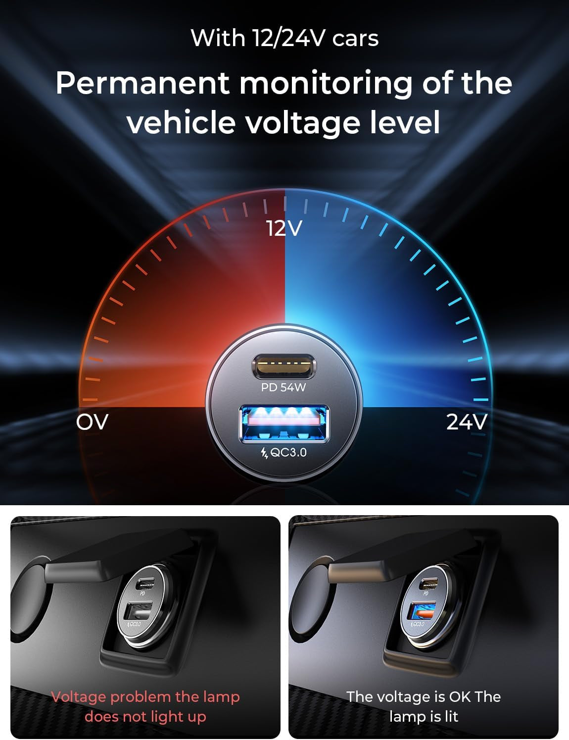 USB-C Car Charger Adapter - 54W Fast Charging - Compact All-Metal Design, PD 36W - Black