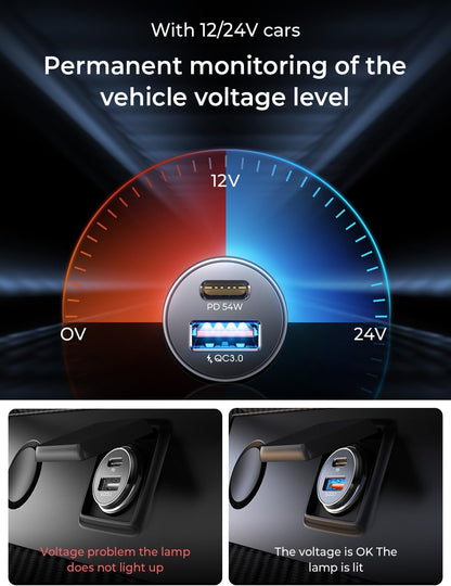 USB-C Car Charger Adapter - 54W Fast Charging - Compact All-Metal Design, PD 36W - Black