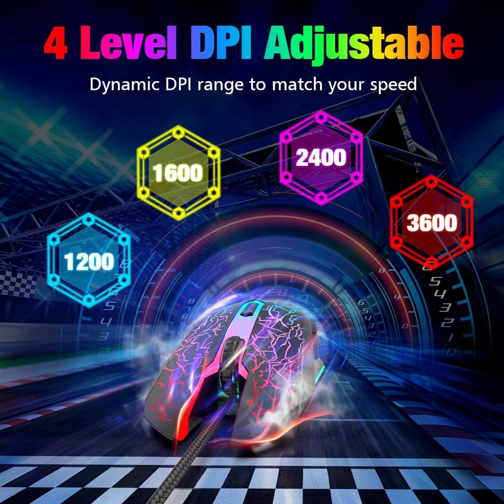 Gaming Mouse Ergonomic Wired Computer Mouse with 7 Colors LED Backlight, 4 DPI Settings up to 3600 DPI Compatible for Chromebook Windows 7/8/10/11 Xp/Mac/Linux Gamer/Notebook/Macbook