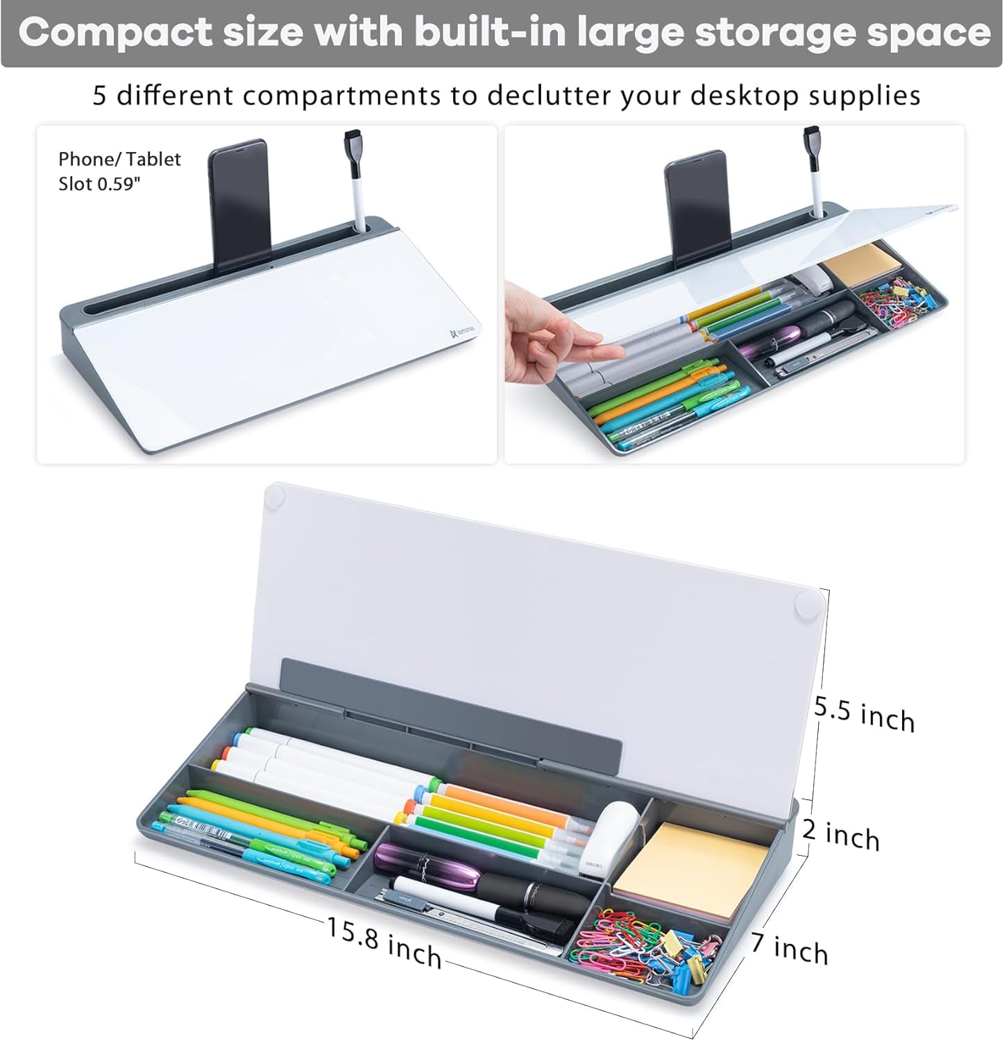 Dry Erase Glass Desk Whiteboard with Storage Caddy - Desktop Memo Notepad for Home Office and School (Gray)