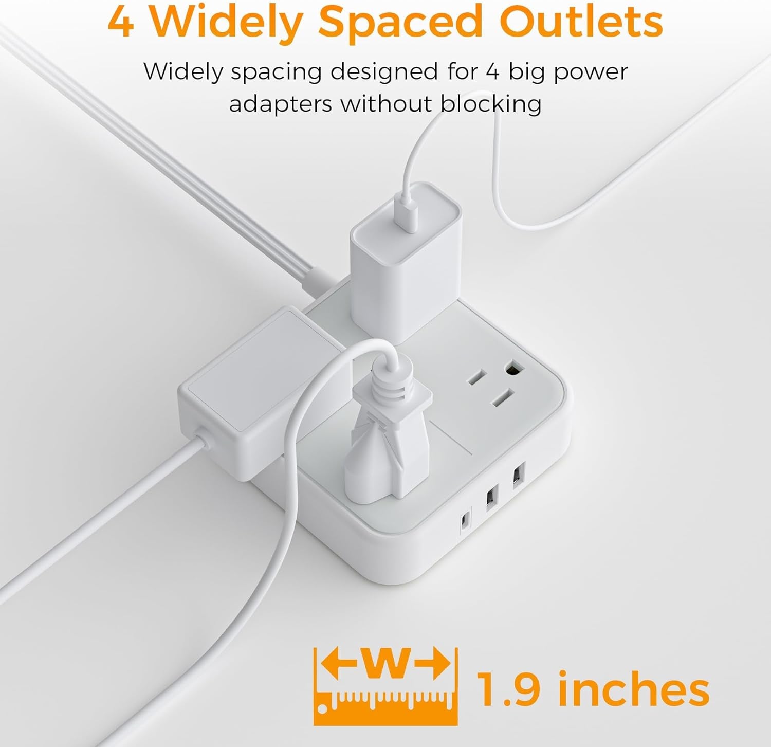 Flat Plug Power Bars Surge Protector, Flat Extension Cord Indoor 10 Feet, Power Strip with 4 Multiple Outlets 3 USB Ports (1 USB C), Surge Protection for Dorm Room Home Office, Gray
