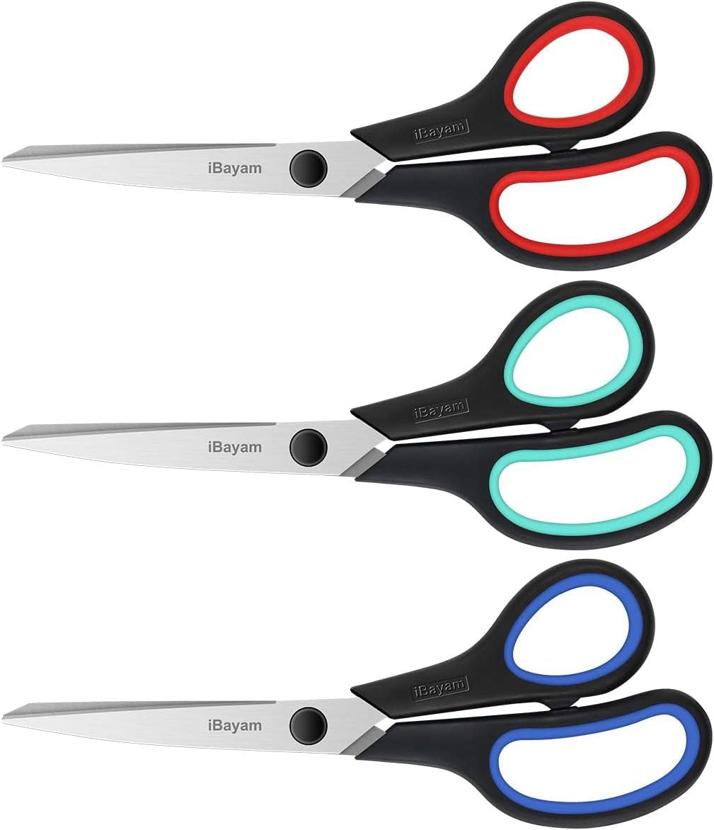 3-Pack of 8-Inch Heavy-Duty Scissors with Ultra-Sharp Blades and Ergonomic Comfort Grip Handles for Office, Home, School, Sewing, and Crafting