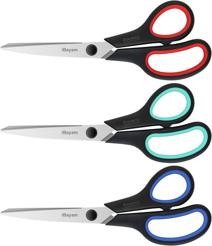 3-Pack of 8-Inch Heavy-Duty Scissors with Ultra-Sharp Blades and Ergonomic Comfort Grip Handles for Office, Home, School, Sewing, and Crafting