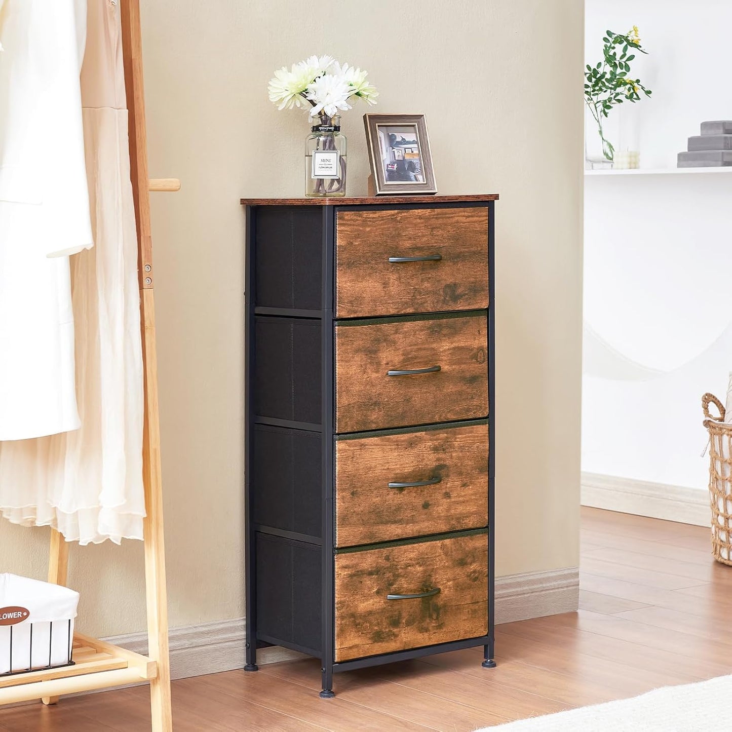 Tall Dresser for Bedroom with 4 Drawers, Storage Organizer Chest of Drawers with Removable Fabric Bins for Living Room Closet Bedside Nursery Laundry Entryway Hallway, Wood Grain Print