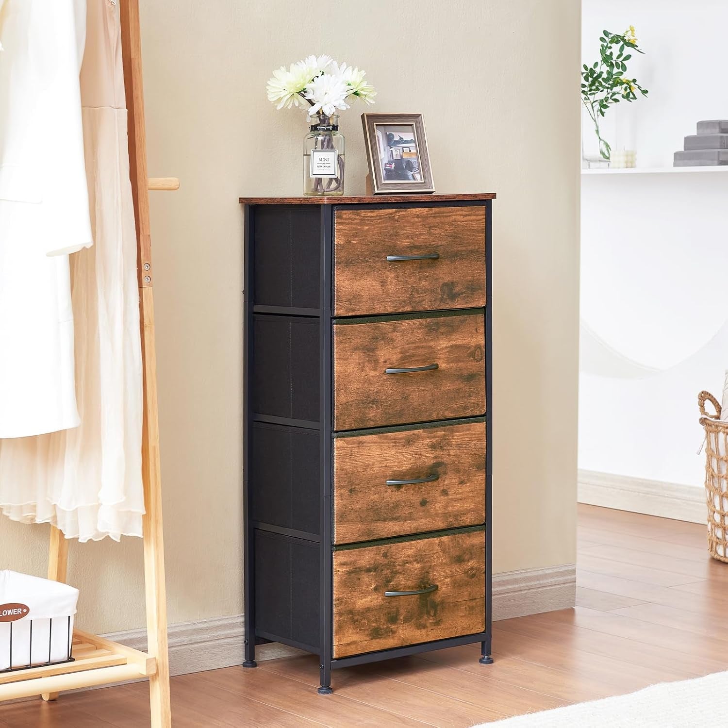 Tall Dresser for Bedroom with 4 Drawers, Storage Organizer Chest of Drawers with Removable Fabric Bins for Living Room Closet Bedside Nursery Laundry Entryway Hallway, Wood Grain Print