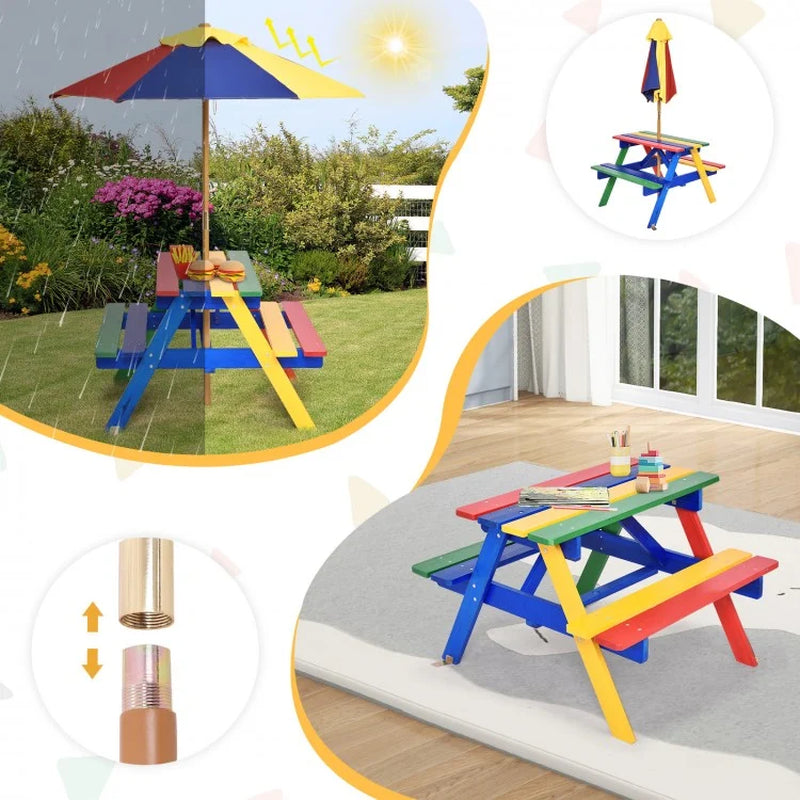 Outdoor Children's Picnic Table Bench Set with Removable Umbrella for Four Seats