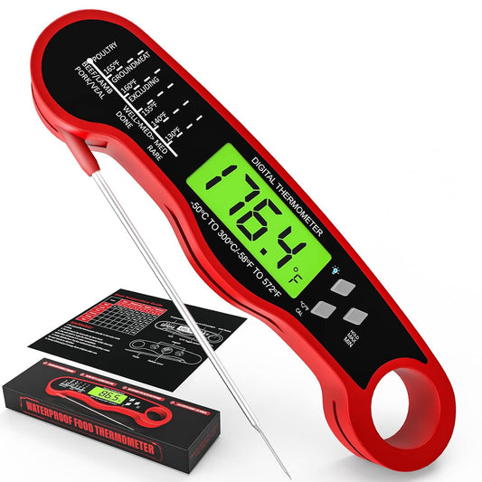 Digital Meat Thermometer - Instant Read Food Thermometer - Waterproof, Backlit Display, and Hold Function - Red