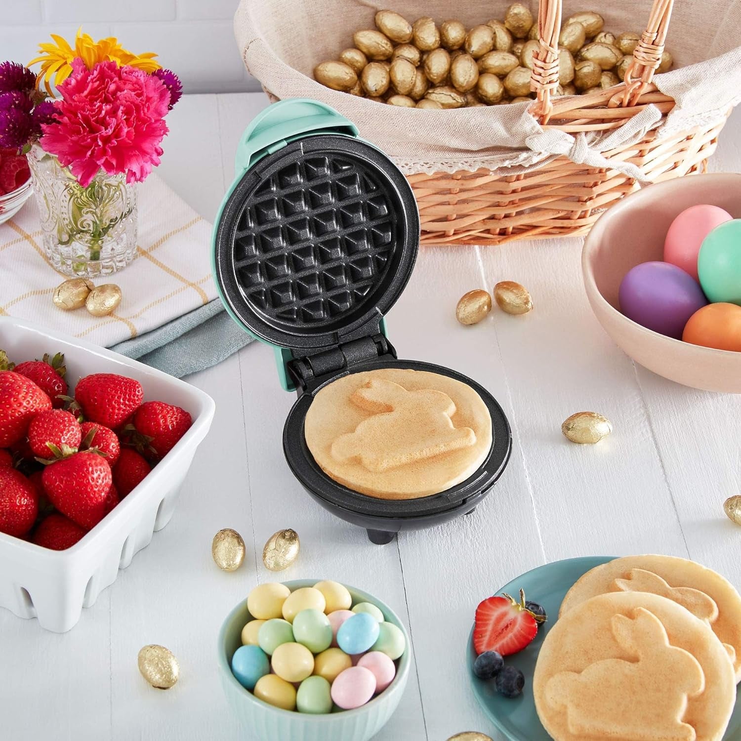 Mini Waffle Maker Machine - Compact 4" Appliance for Individual Waffles, Paninis, Hash Browns, and On-the-Go Meals in Aqua