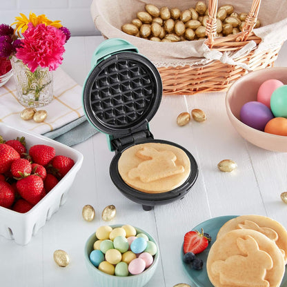 Mini Waffle Maker Machine - Compact 4" Appliance for Individual Waffles, Paninis, Hash Browns, and On-the-Go Meals in Aqua