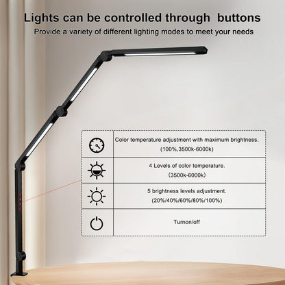 LED Desk Lamp with Clamp, Flexible 4-Section Swing Arm, Three Light Sources, 4 Color Modes, 5 Brightness Levels, Memory Function 