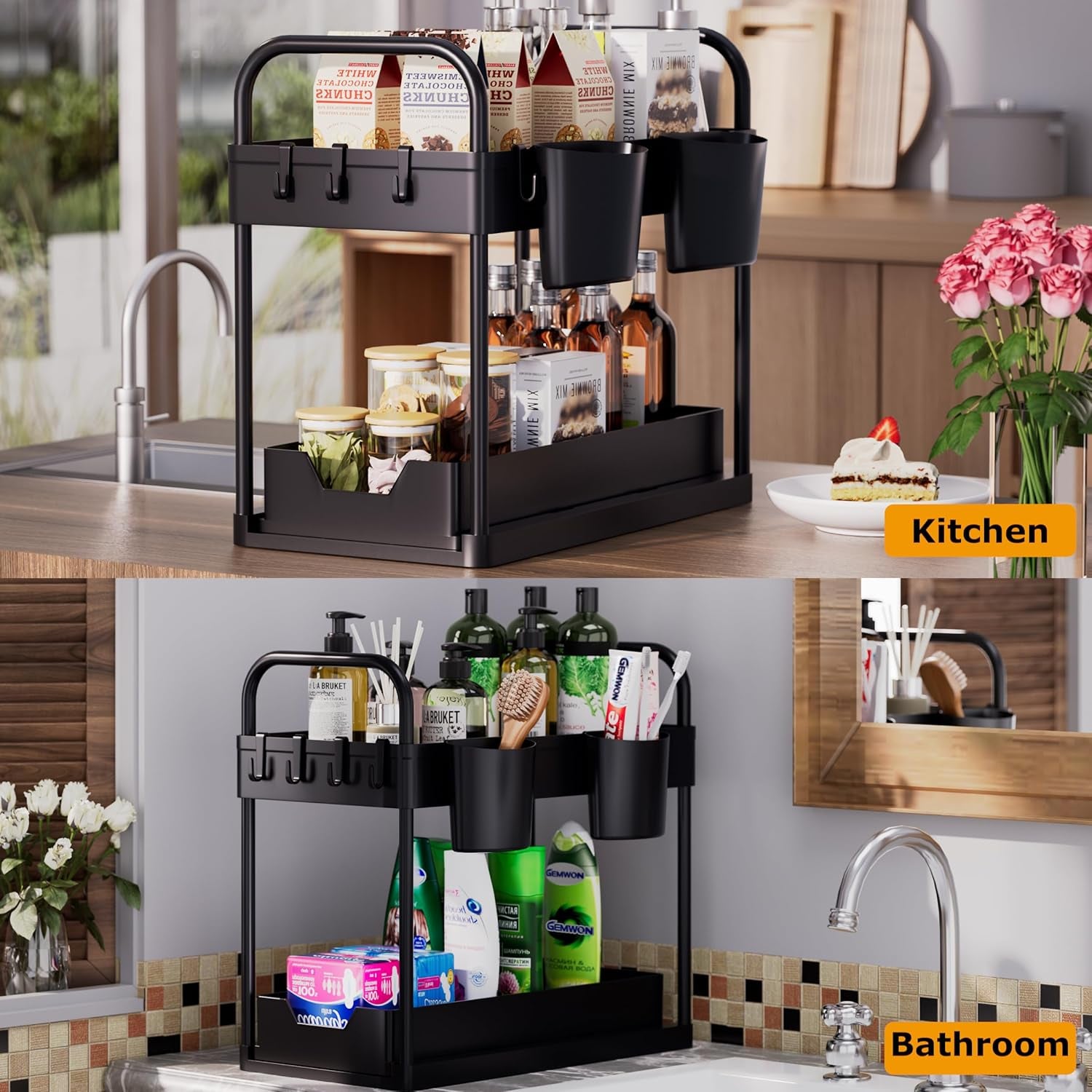 2-Pack 2-Tier Under Sink Organizer with Sliding Design, Hooks, and Hanging Cups for Kitchen and Bathroom Storage - Black