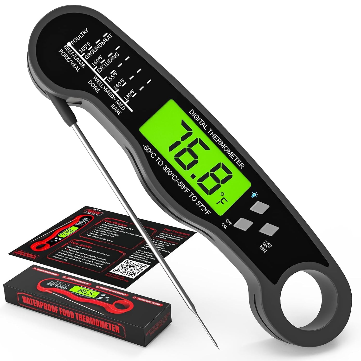 Digital Meat Thermometer - Instant Read Food Thermometer - Waterproof, Backlit Display, and Hold Function - Red