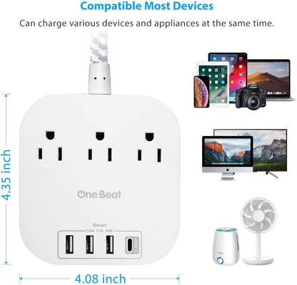 Power Bar Power Strip with USB-C, 3 Outlets and 4 USB Ports, Flat Plug Braided Extension Cord, Non-Surge Protector for Travel and Cruise Ships (5FT)