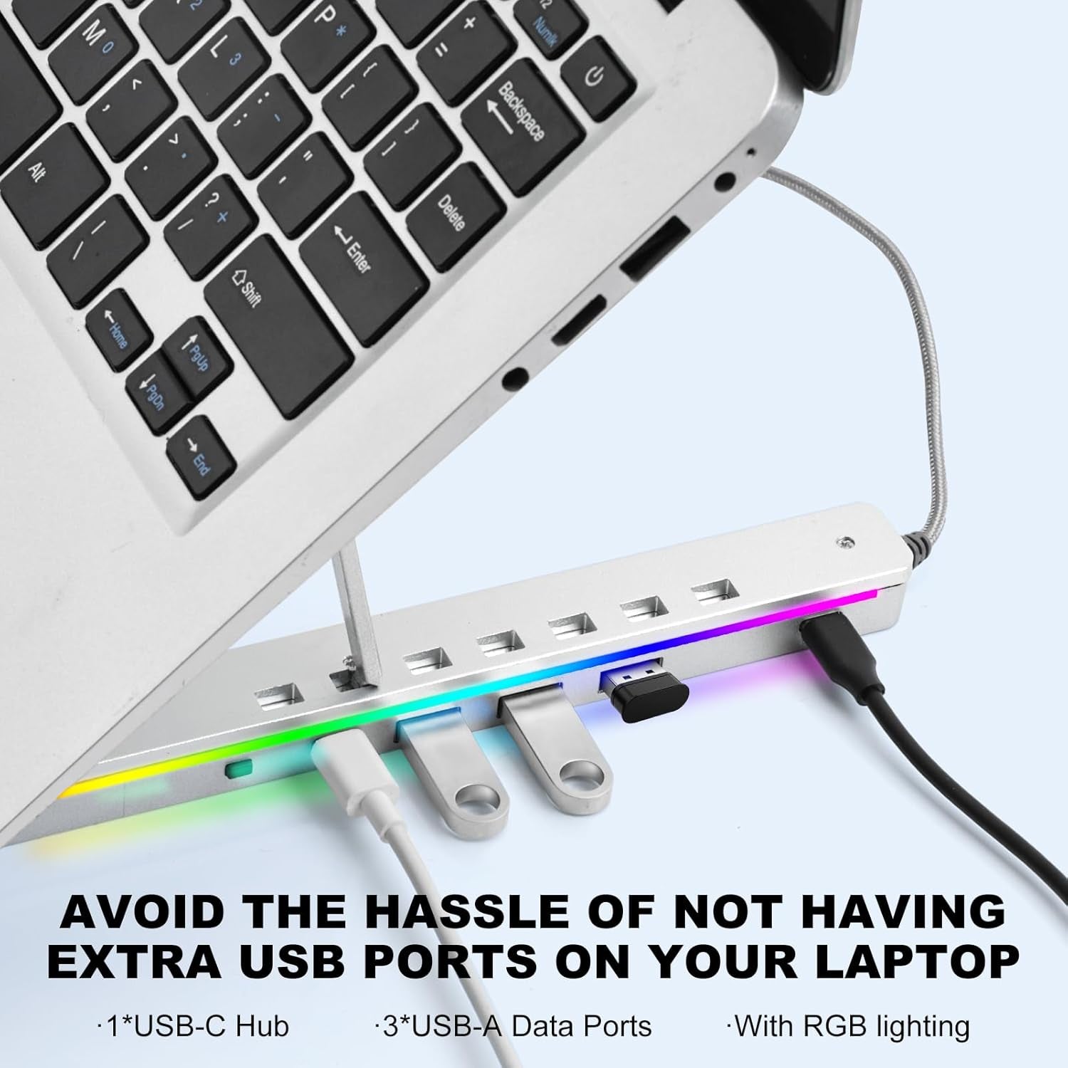 Laptop Stand with Usb、Type C and RGB Lights, Aluminum Adjustable Foldable Laptop Stand for Desk, Ergonomic Portable Laptop Riser Holder 