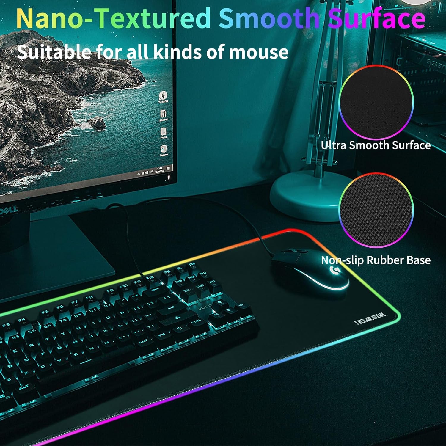 RGB Gaming Mouse Pad, Oversized Mouse Mat with 12 Light Modes, Non-Slip Rubber Base, Large Computer Keyboard Mouse Pad for PC Gaming, Office, 800 X 300 X 3 Mm, Black