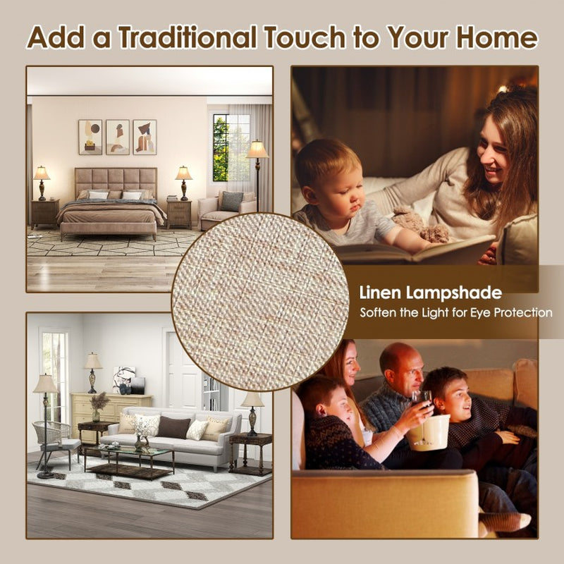 Three-Piece Table and Floor Lamp Set Featuring Linen Fabric Shades