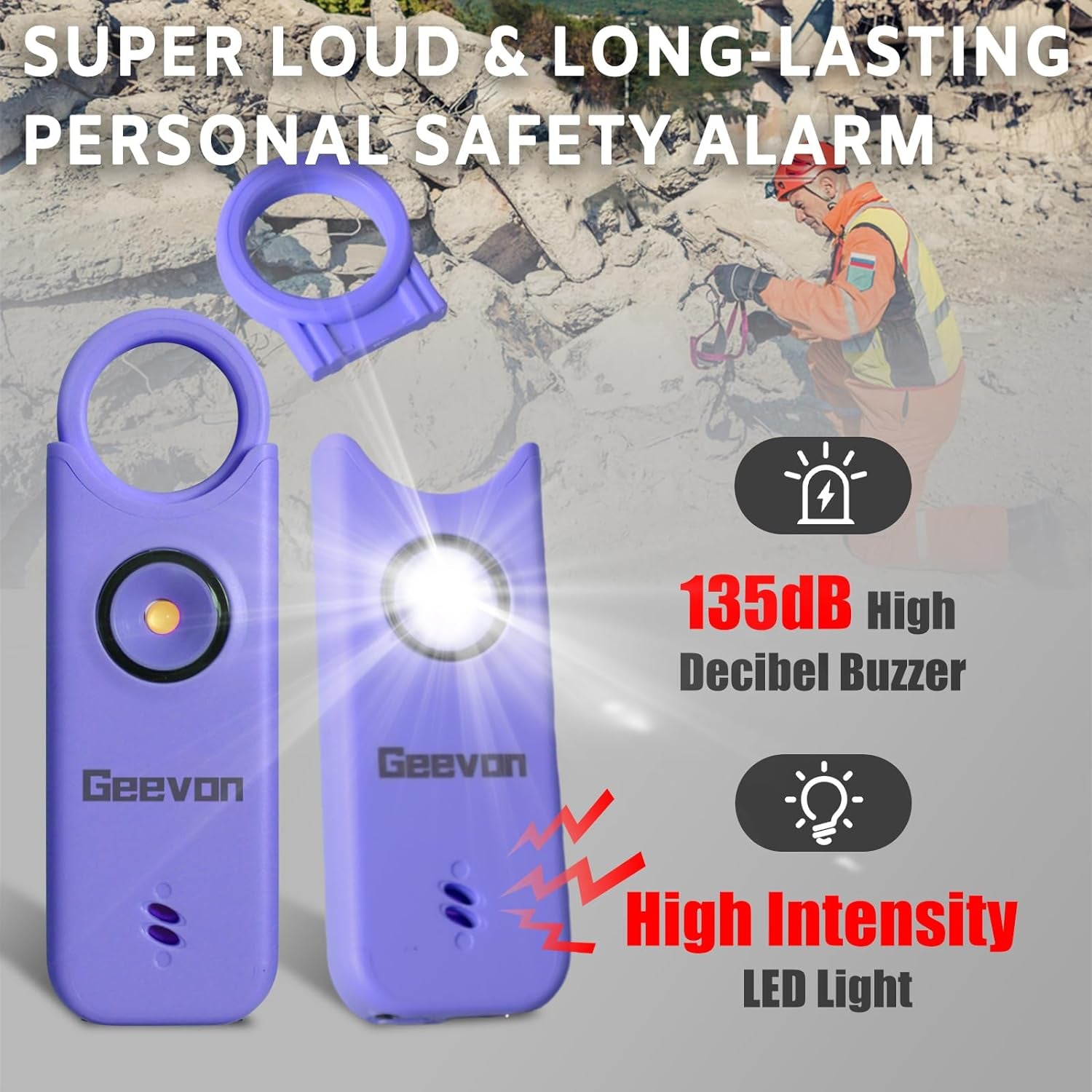 Rechargeable Personal Safety Alarms - 2 Pack, 135DB Loud Self-Defense Siren with LED Strobe Light, Emergency Alarms for Women, Men, Children, and Seniors (Purple)