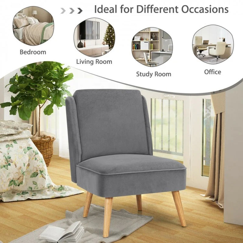Velvet Armless Accent Chair with Rubberwood Legs for Bedroom Decor