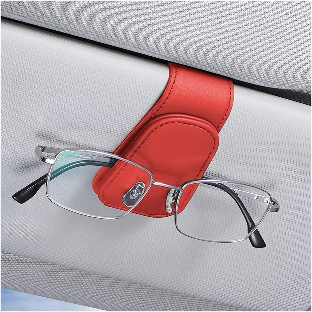 Car Sun Visor Sunglasses Holder, Leather Eyeglasses Hanger with Magnetic Clip - Universal Auto Interior Accessory 