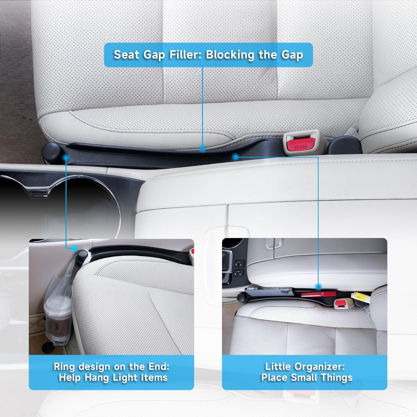 Multifunctional Car Seat Gap Filler Set of 2 - Soft Foam Organizer with Hook Function - Universal Fit 
