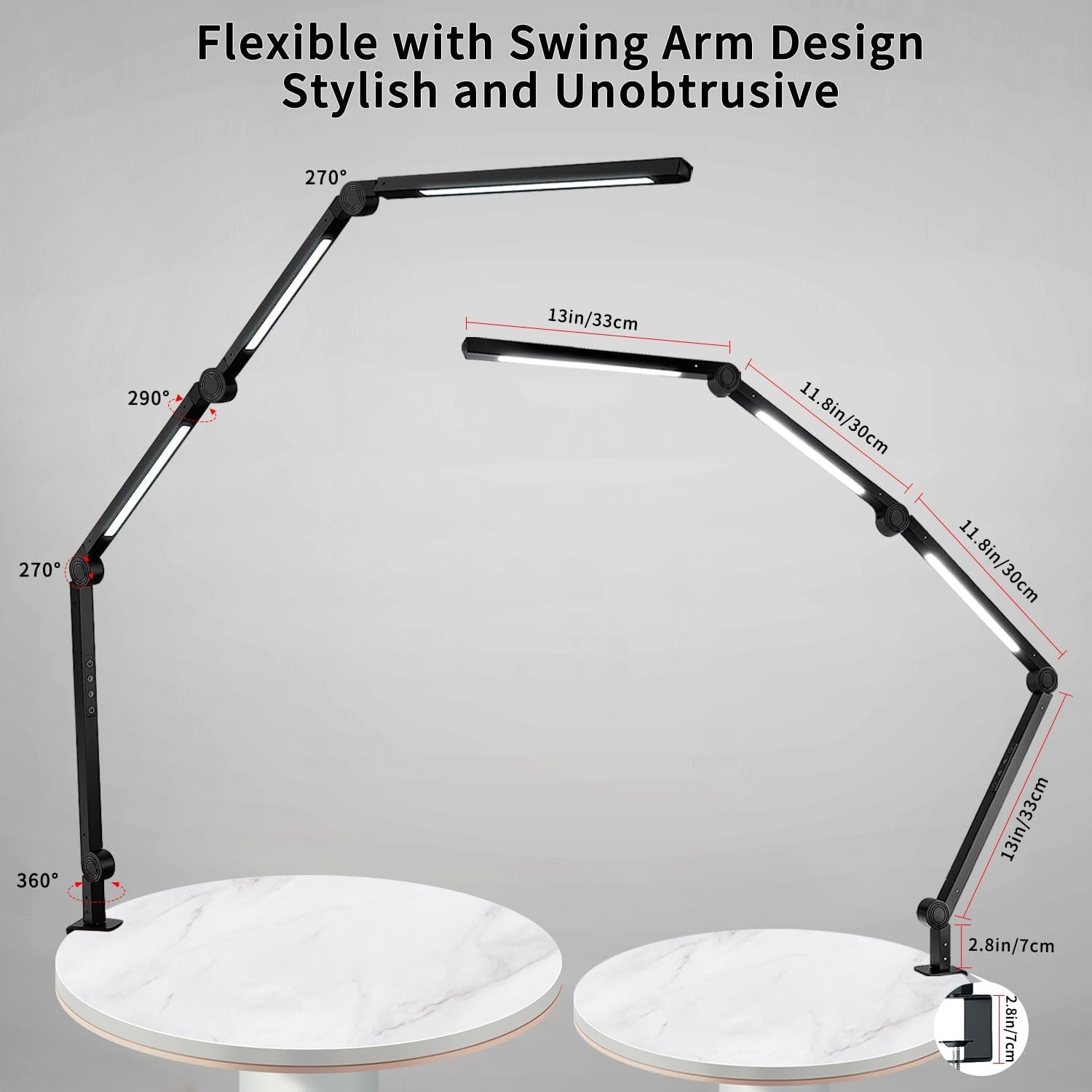 LED Desk Lamp with Clamp, Flexible 4-Section Swing Arm, Three Light Sources, 4 Color Modes, 5 Brightness Levels, Memory Function 