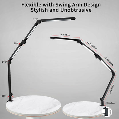 LED Desk Lamp with Clamp, Flexible 4-Section Swing Arm, Three Light Sources, 4 Color Modes, 5 Brightness Levels, Memory Function 